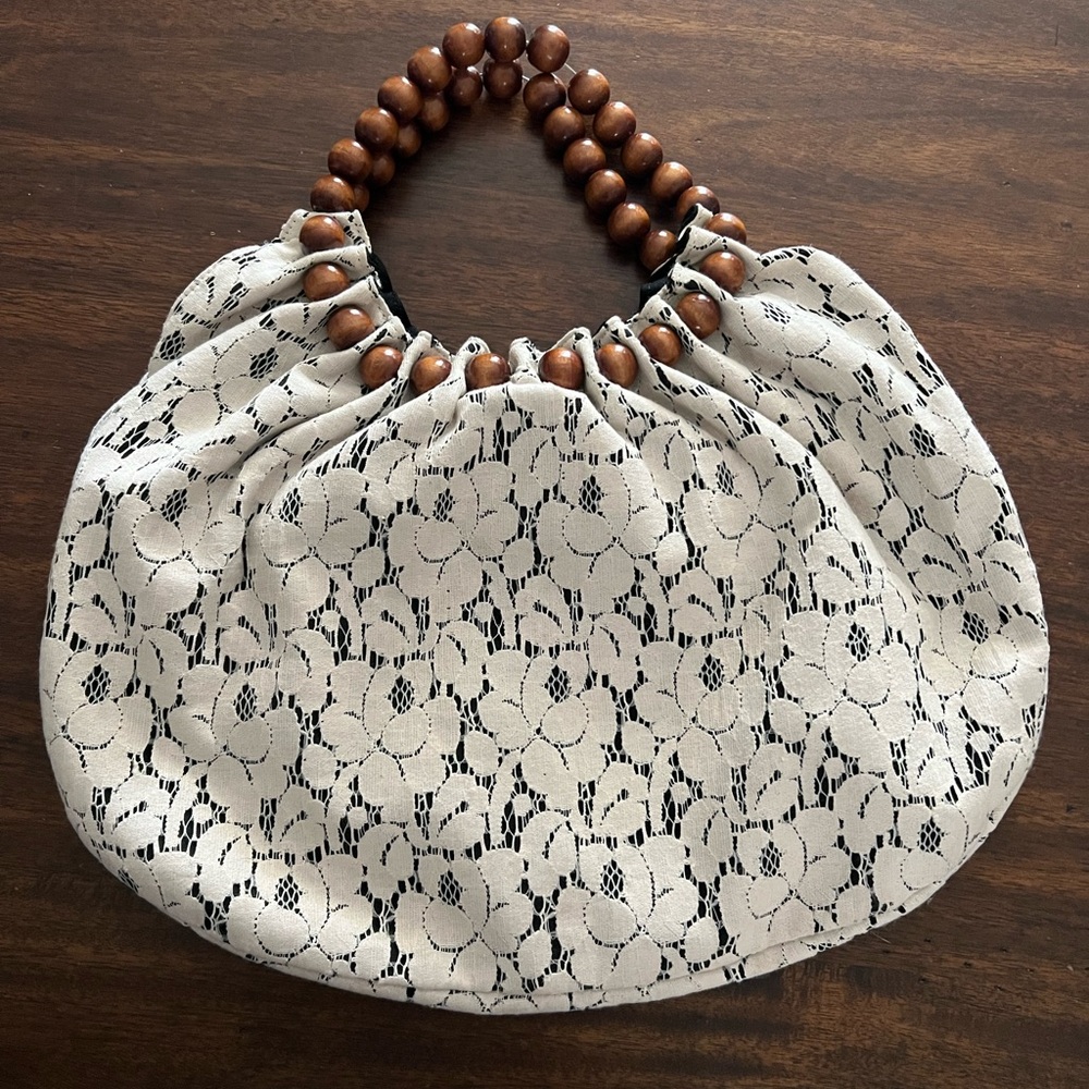 Talbots Black and Cream Lace Shoulder Bag with Wooden Beads